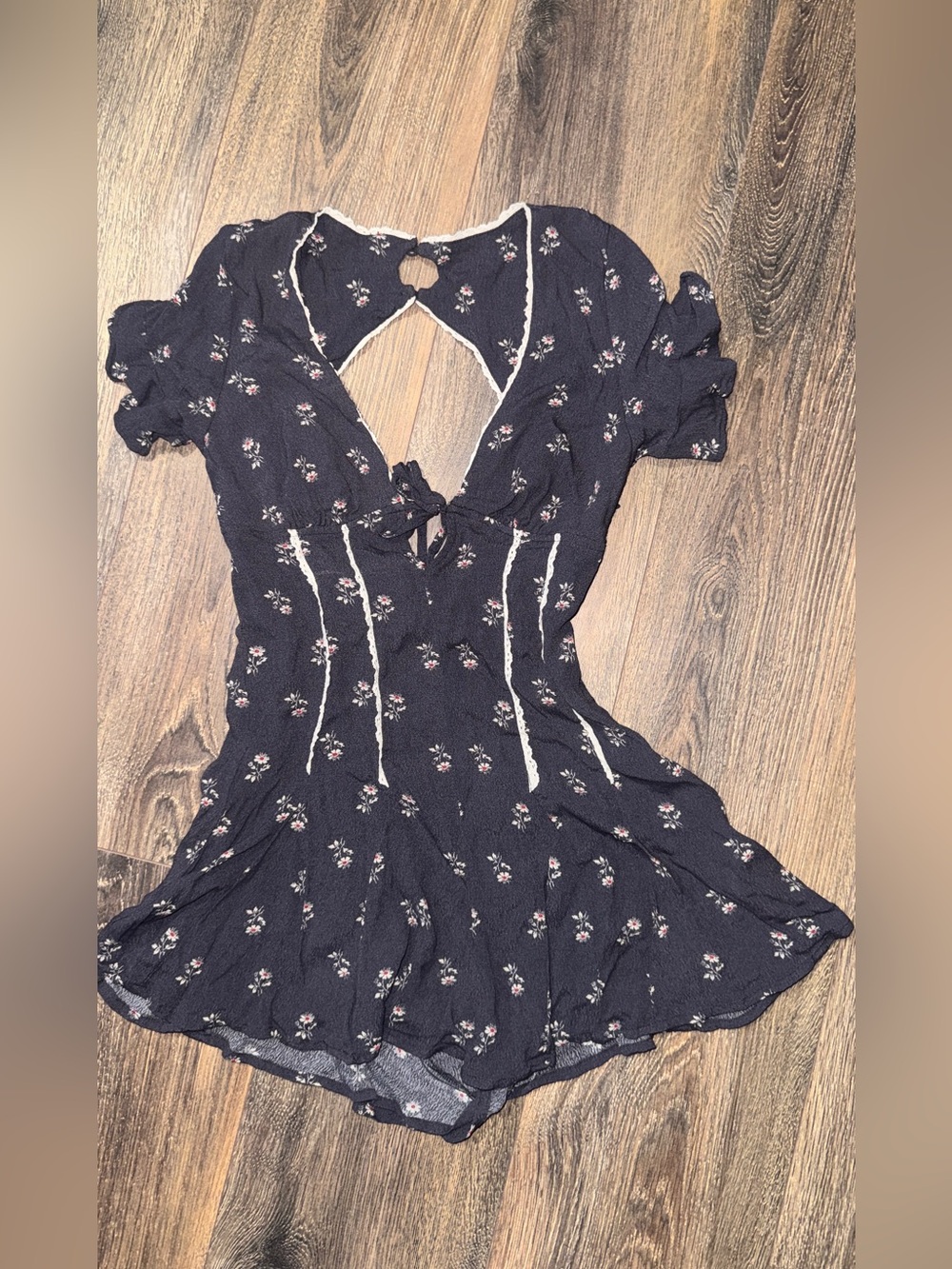 Urban Outfitters Navy Floral Tie-Front Romper with Lace Trim